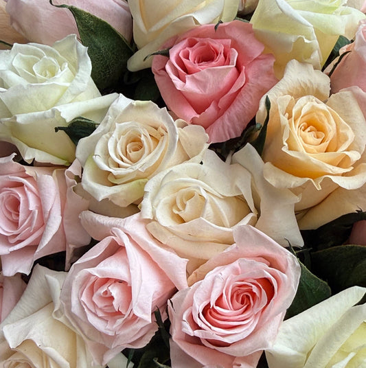 close view highlighting pink and white mini roses arranged tightly in a dome inside the white hat box