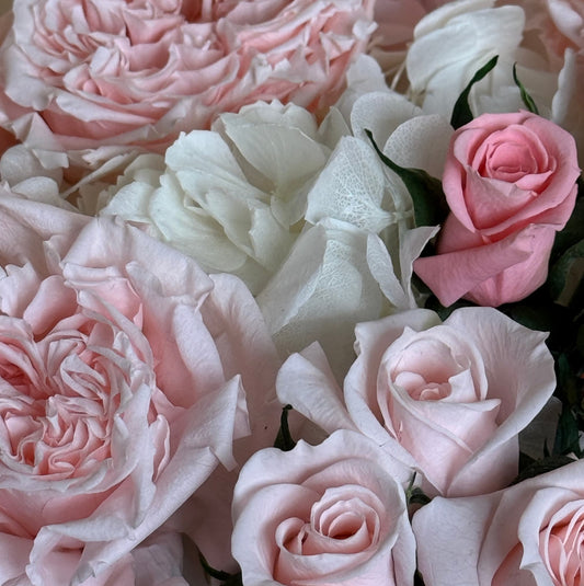 close up of pink roses surrounded by white hydrangeas in the large white hat box
