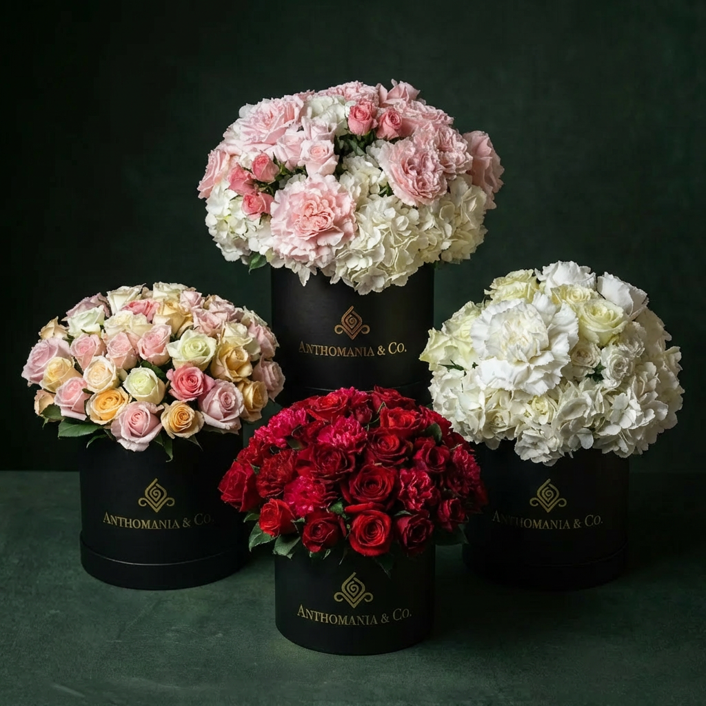 Four flower bouquets in black containers with 'Anthomania & Co.' branding on a dark background.