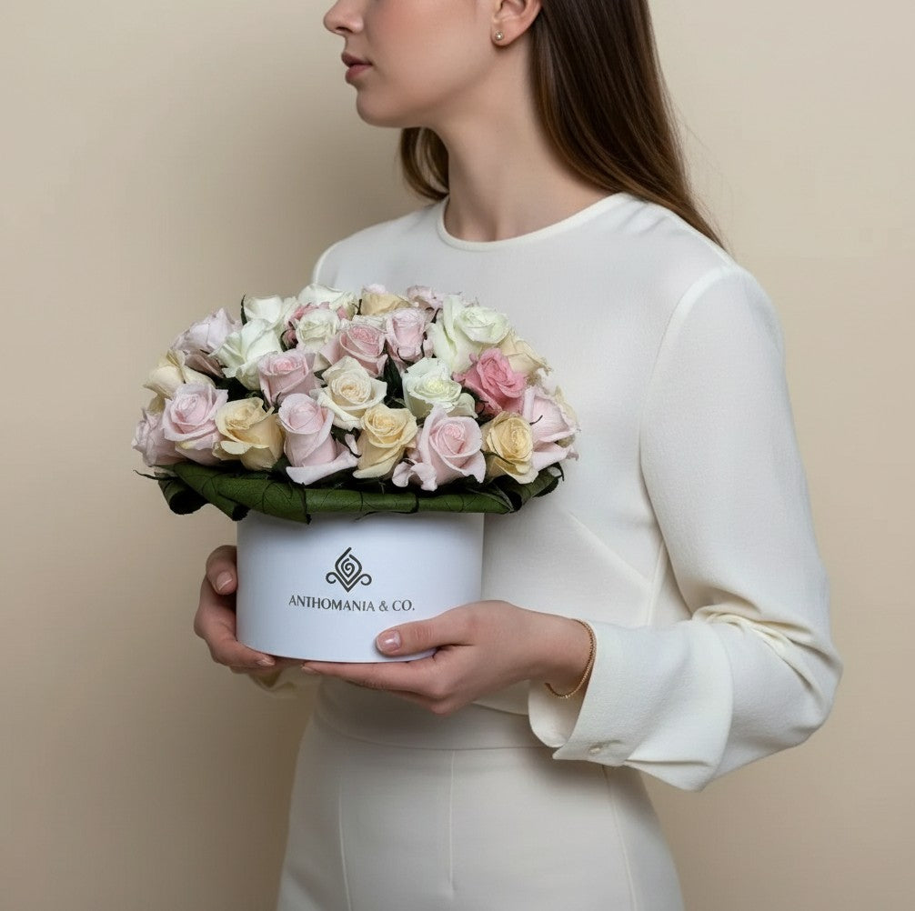 model holding mini roses in a white small hat box with pink and white dome shaped blooms