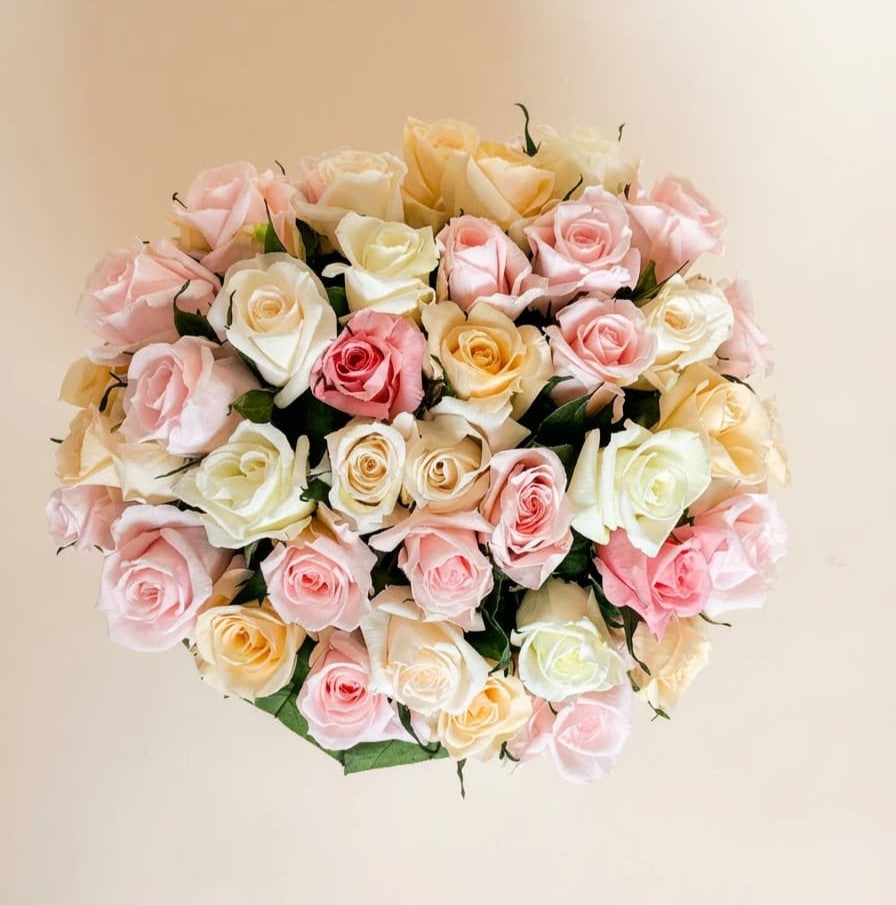 top view of mini roses displaying pink and white petals filling the small white hat box