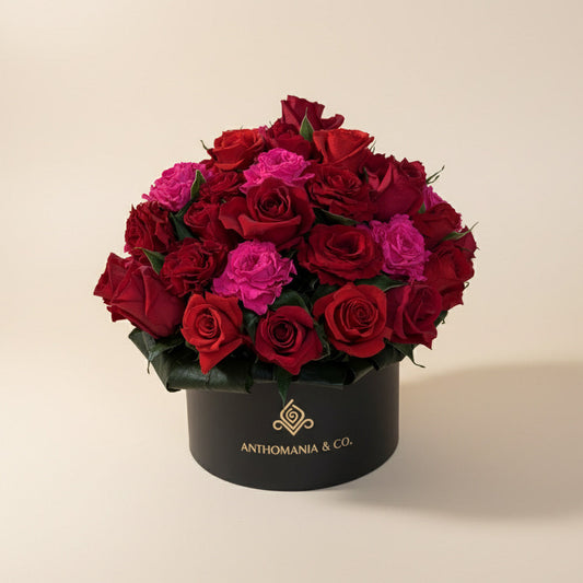 mini roses front view showing pink and red blooms arranged in a dome inside a black small hat box
