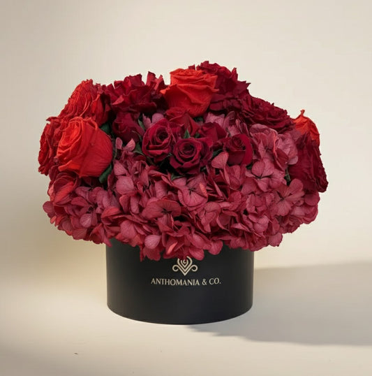 hydrangeas and roses front view showing red roses and red hydrangeas in a large black hat box
